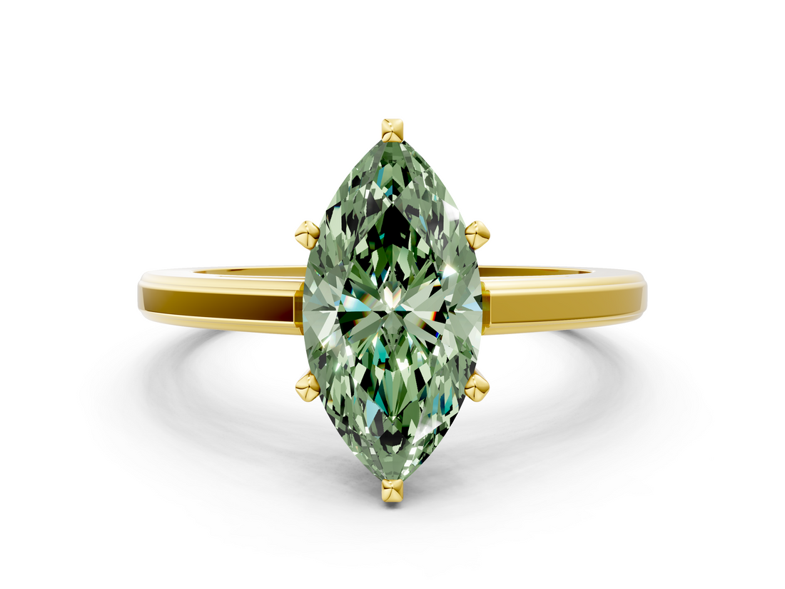 Yellow gold Fancy Green Marquise  Solitaire Diamond Ring with Four-Prong Setting and Classic Band_3