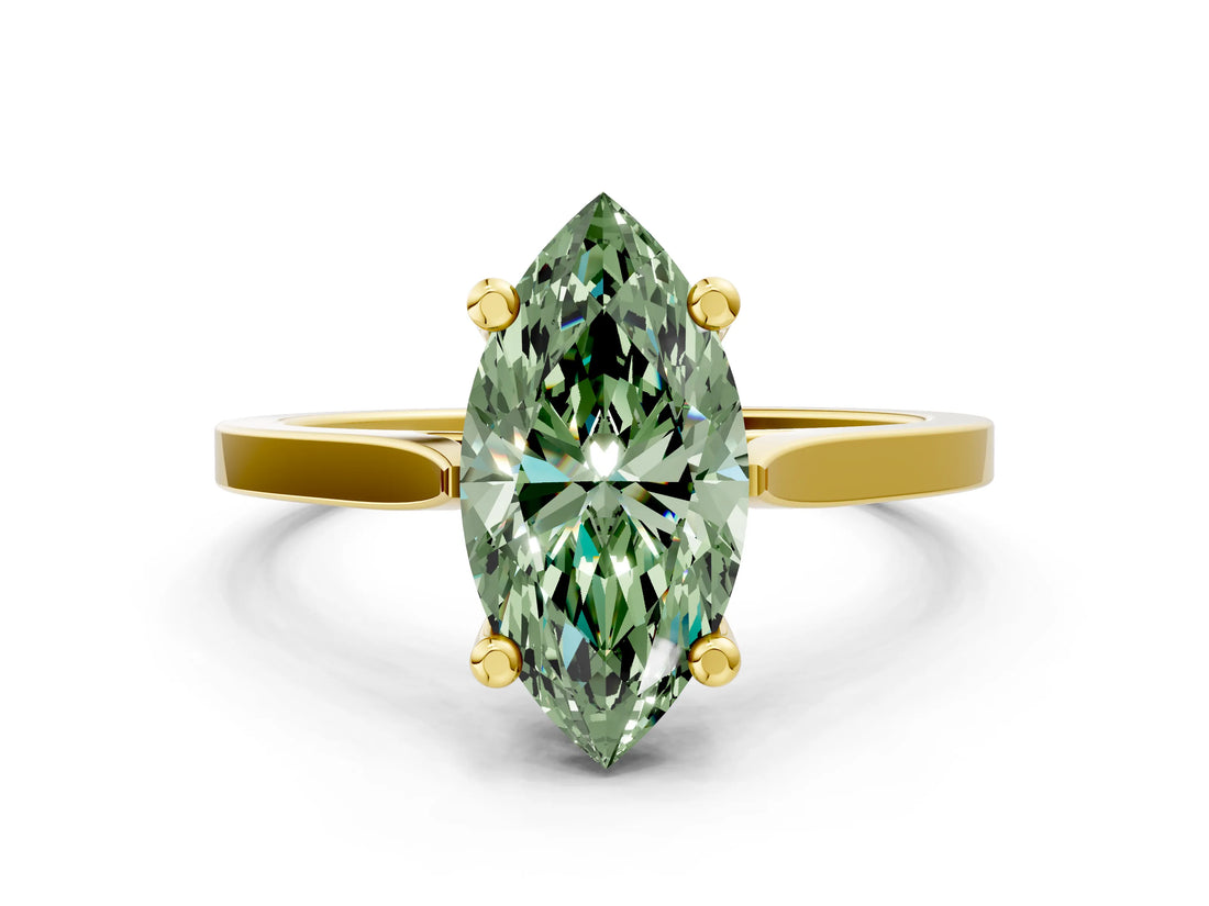 Yellow gold Fancy Green Marquise  Solitaire Diamond Ring with Four-Prong Setting and Tapered Band 1