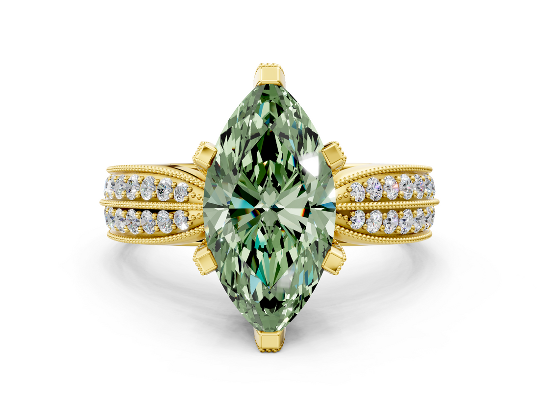 Yellow gold Fancy Green Marquise  Solitaire Diamond Ring with Milgrain Pavé Band and Four-Prong Setting_19