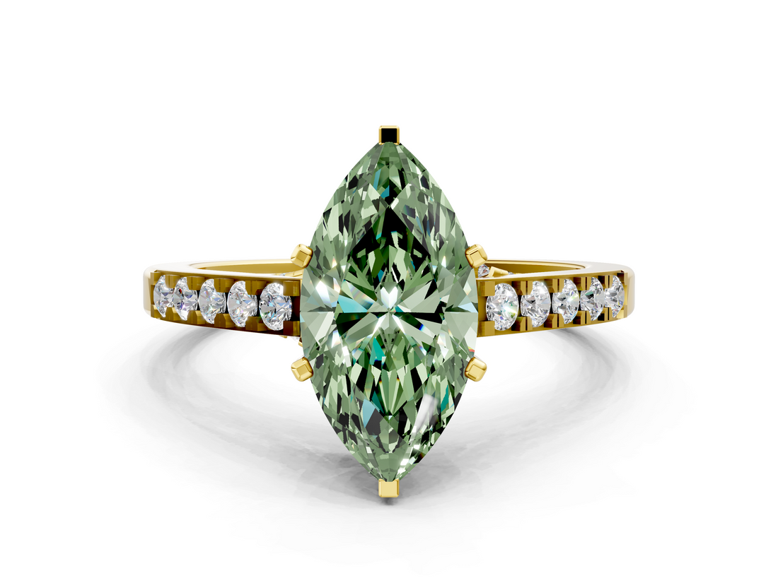 Yellow gold Fancy Green Marquise  Solitaire Diamond Ring with Pavé Band and Four-Prong Setting_101