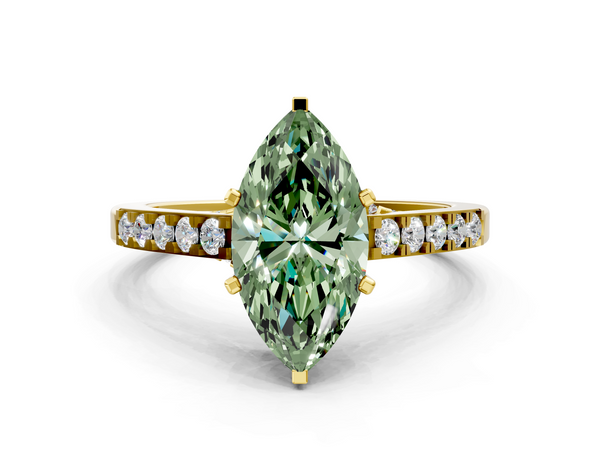 Yellow gold Fancy Green Marquise  Diamond Solitaire Ring with Pavé Band and Prong Setting