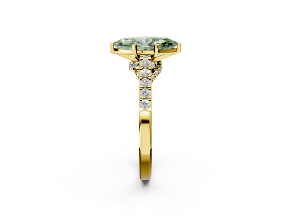 Yellow gold Fancy Green Marquise  Diamond Solitaire Ring with Pavé Band and Prong Setting
