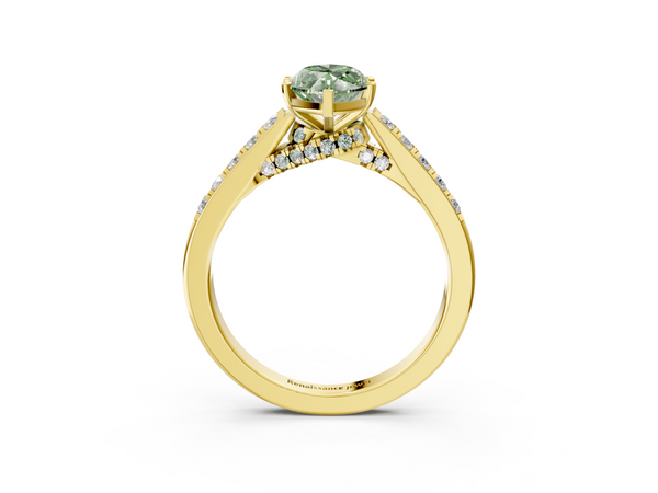 Yellow gold Fancy Green Marquise  Diamond Solitaire Ring with Pavé Band and Prong Setting