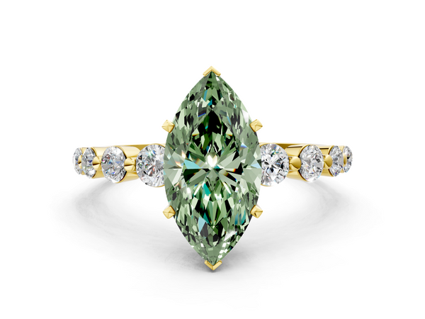 Yellow gold Fancy Green Marquise Cut Solitaire Diamond Ring with Pave Band and Four-Prong Setting
