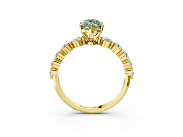 Yellow gold Fancy Green Marquise Cut Solitaire Diamond Ring with Pave Band and Four-Prong Setting