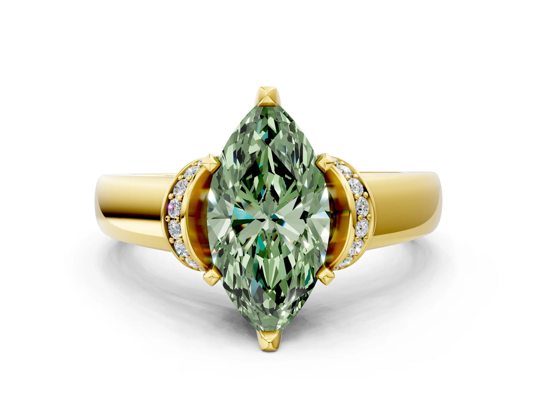 Yellow gold Fancy Green Marquise  Solitaire Diamond Ring with Pave Band and Six-Prong Setting_32