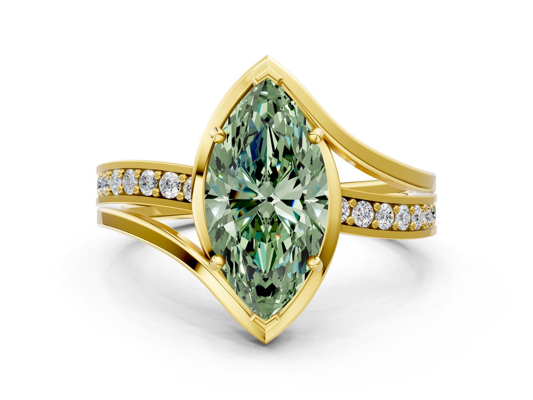 Yellow gold Fancy Green Marquise  Solitaire Diamond Ring with Split Shank and Prong Setting_41