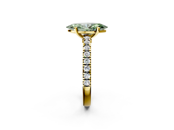 Yellow gold Fancy Green Marquise  Solitaire Diamond with Pavé Band and Four-Prong Setting