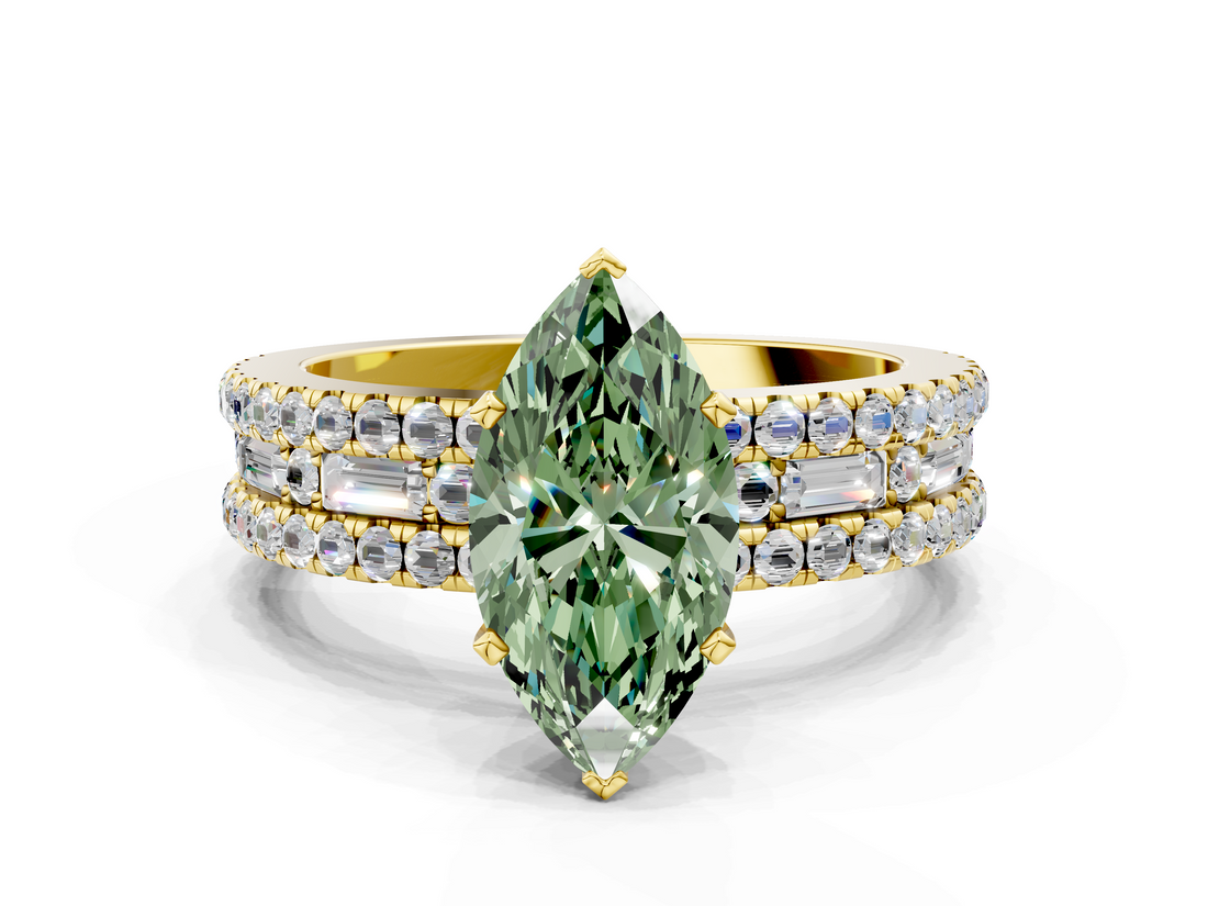 Yellow gold Fancy Green Marquise  Solitaire Diamond with Pave and Channel Set Band_61