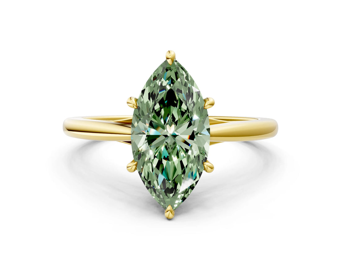 Yellow gold Fancy Green Marquise  Solitaire Engagement Ring with Four-Prong Setting and Classic Band