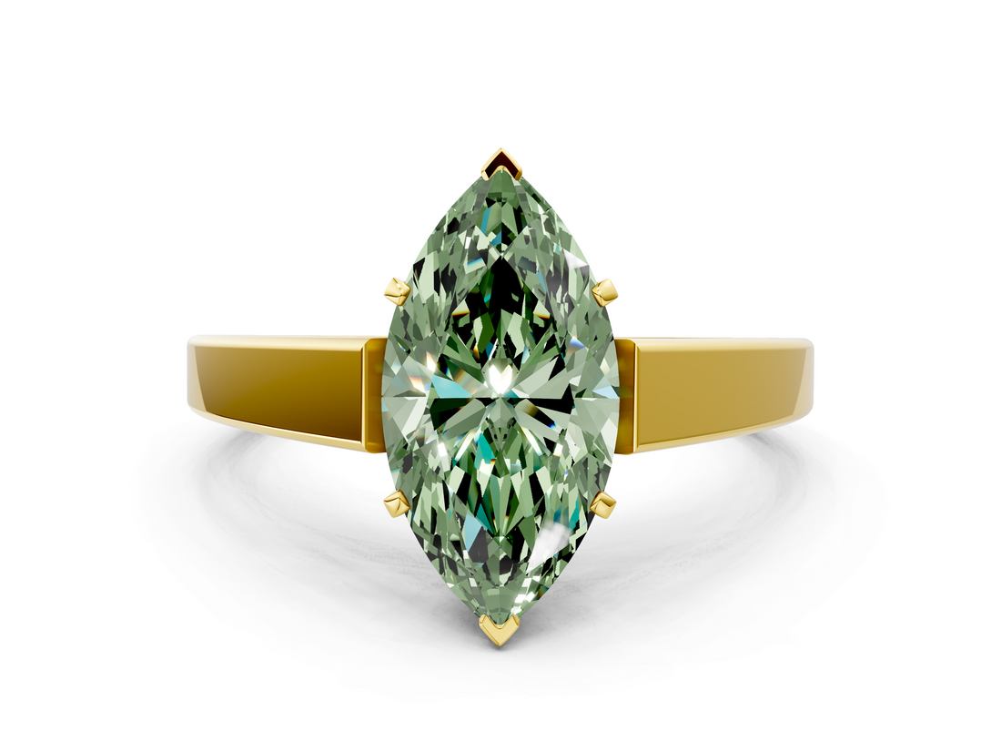 Yellow gold Fancy Green Marquise  Solitaire Engagement Ring with Four-Prong Setting and Tapered Band_3