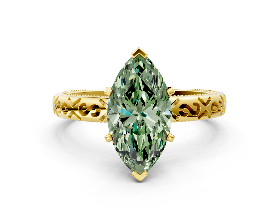Yellow gold Fancy Green Marquise  Solitaire Engagement Ring with Scrollwork Band and Four-Prong Setting_166