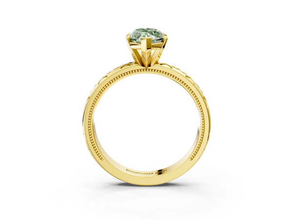 Yellow gold Fancy Green Marquise  Solitaire Engagement Ring with Scrollwork Band and Four-Prong Setting