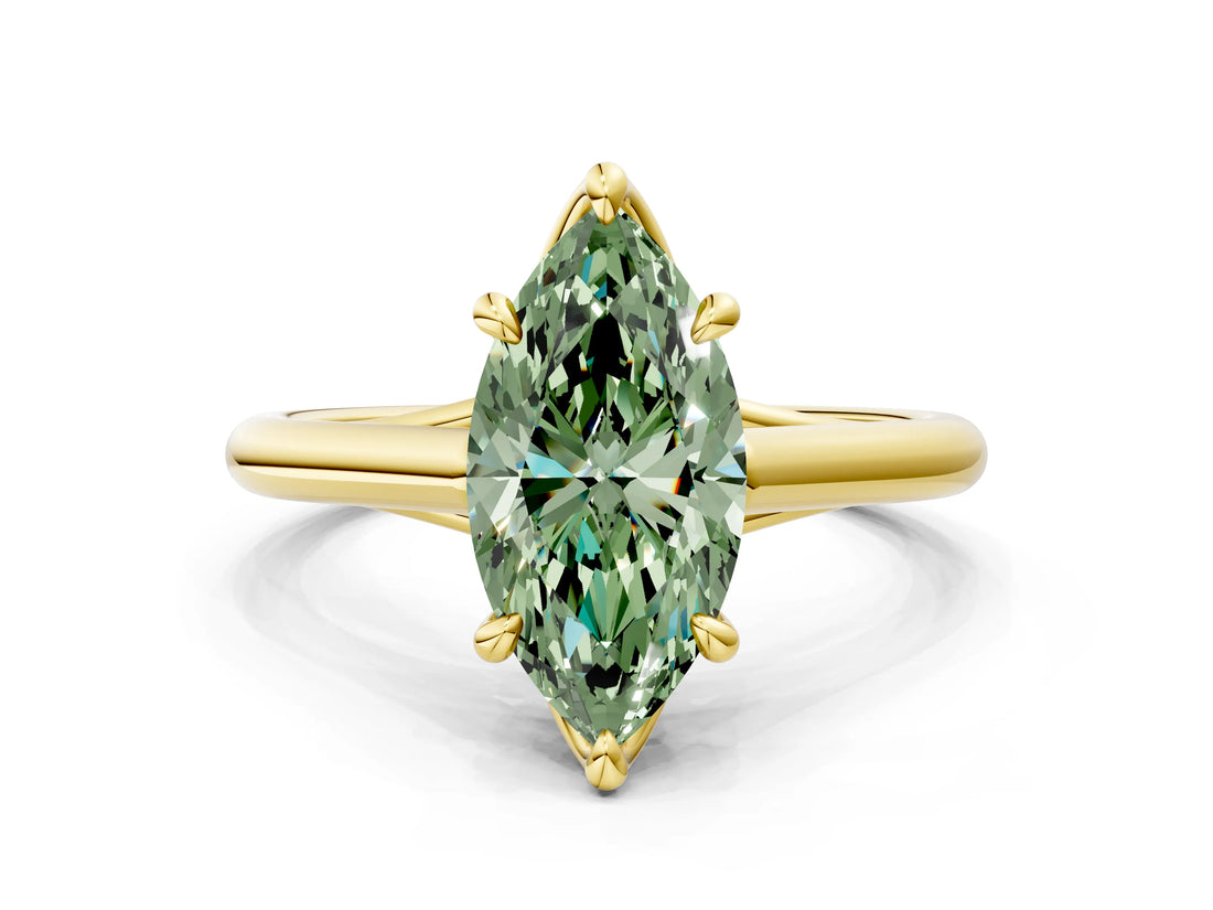 Yellow gold Fancy Green Marquise  Solitaire Engagement Ring with Six-Prong Setting and Classic Band 1