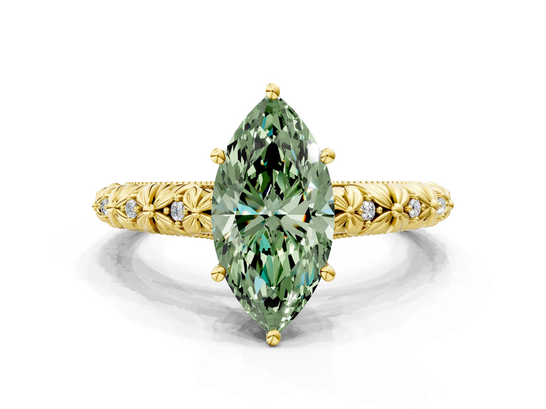 Yellow gold Fancy Green Marquise  Solitaire Floral Milgrain Engagement Ring_50