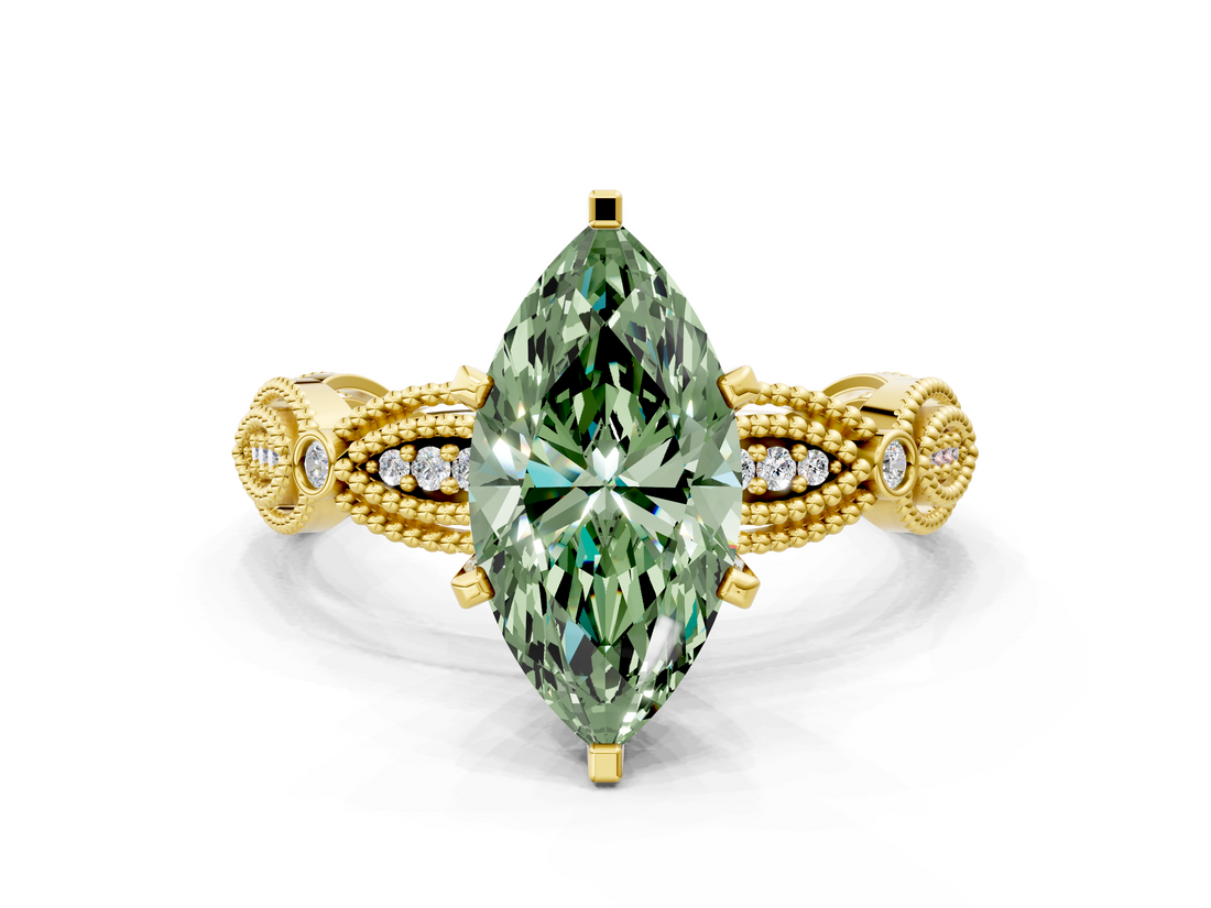 Yellow gold Fancy Green Marquise  Solitaire Milgrain Diamond Engagement Ring with Bezel and Marquise Band_151