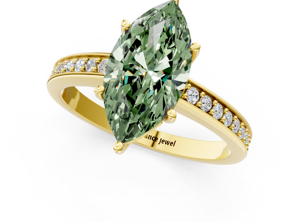 Yellow gold Fancy Green Marquise  Solitaire Pavé Band Prong Setting Ring