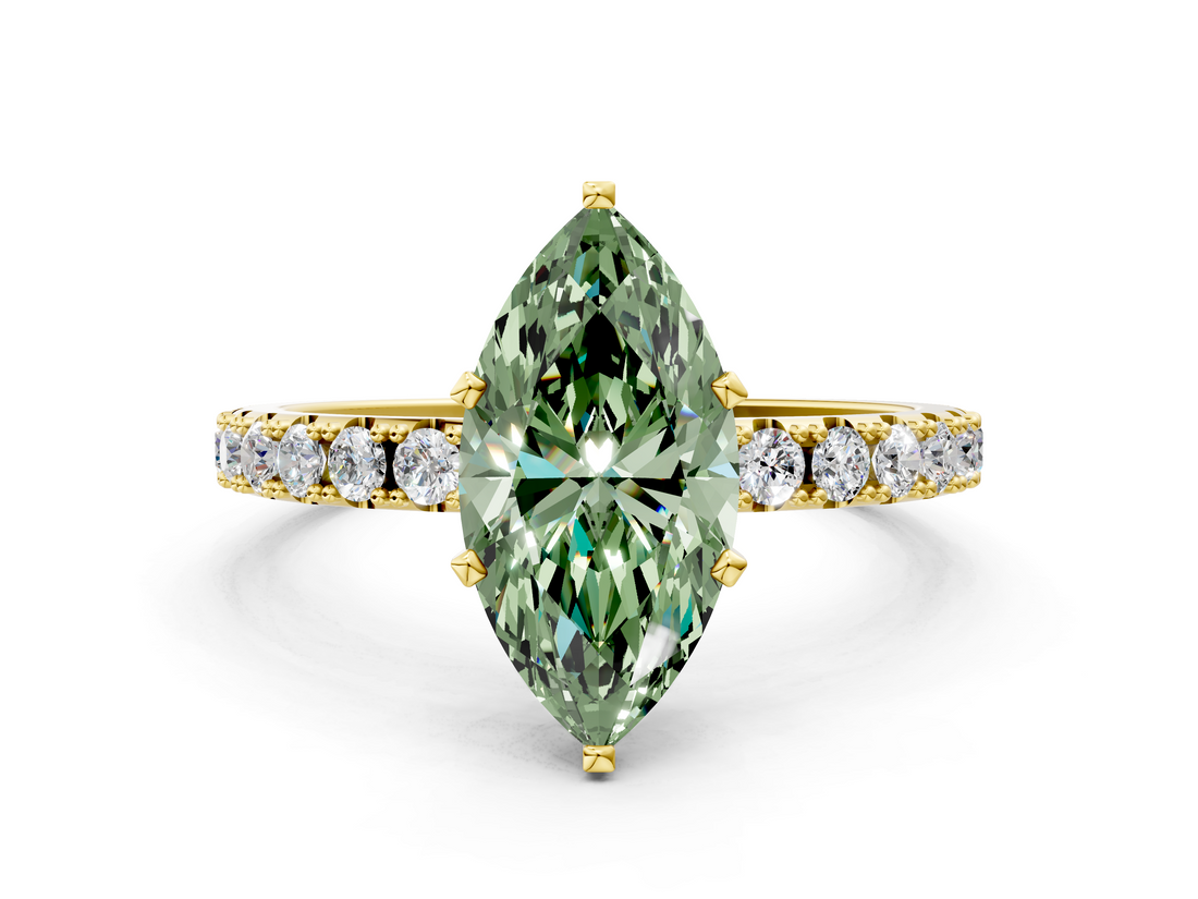 Yellow gold Fancy Green Marquise  Solitaire Pavé Band with Four-Prong Setting_186