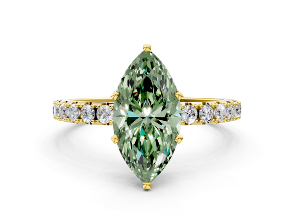 Yellow gold Fancy Green Marquise Cut Diamond Solitaire Pavé Band with Four-Prong Setting