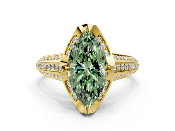 Yellow gold Fancy Green Marquise  Solitaire Pave Split Shank Ring with Four-Prong Setting