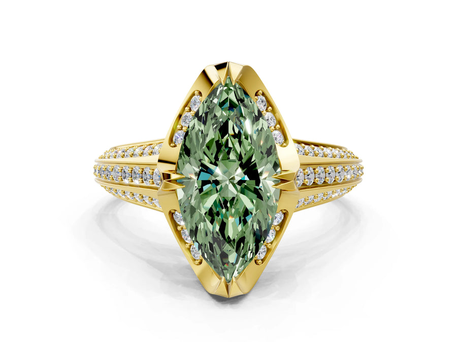 Yellow gold Fancy Green Marquise  Solitaire Pave Split Shank Ring with Four-Prong Setting
