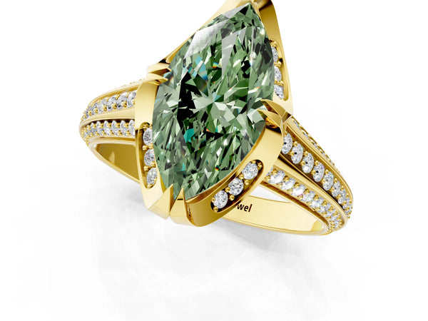 Yellow gold Fancy Green Marquise  Solitaire Pave Split Shank Ring with Four-Prong Setting