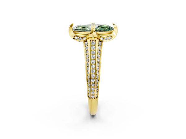 Yellow gold Fancy Green Marquise  Solitaire Pave Split Shank Ring with Four-Prong Setting
