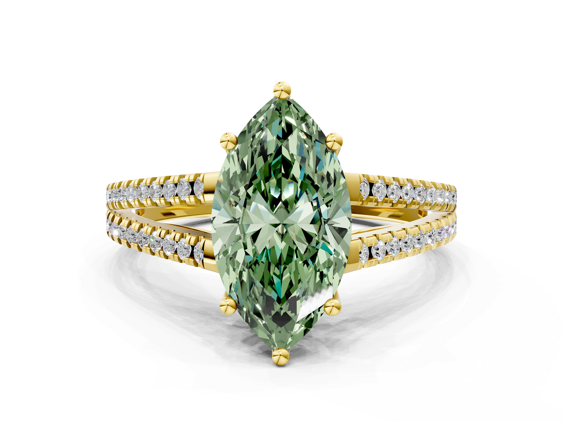 Yellow gold Fancy Green Marquise  Solitaire Split Shank Pavé Diamond Engagement Ring_336
