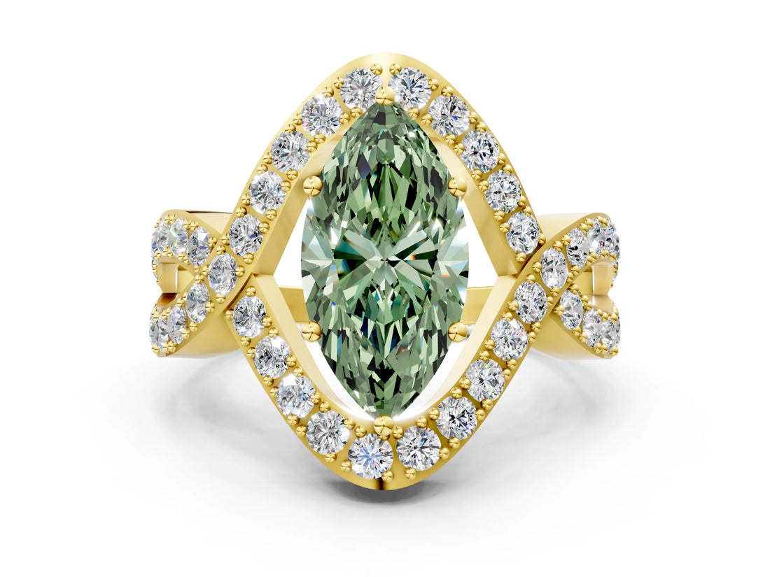 Yellow gold Fancy Green Marquise  Solitaire Twist Band Pavé Diamond Engagement Ring_55