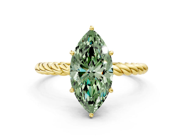 Yellow gold Fancy Green Marquise  Solitaire Twist Band Ring with Four-Prong Setting