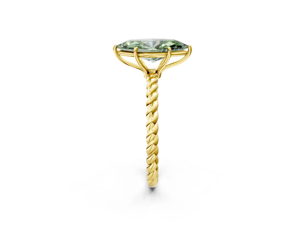 Yellow gold Fancy Green Marquise  Solitaire Twist Band Ring with Four-Prong Setting