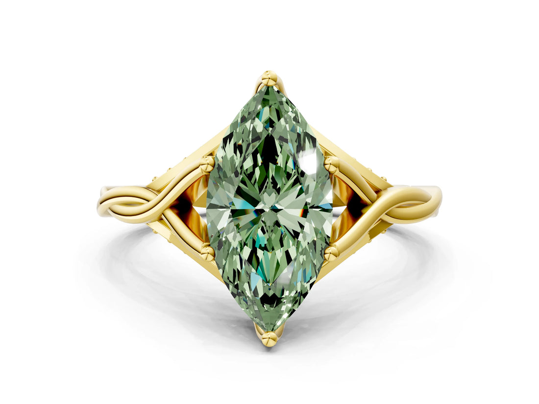 Yellow gold Fancy Green Marquise  Solitaire Twist Band Six-Prong Setting