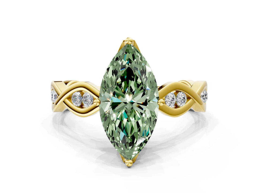 Yellow gold Fancy Green Marquise  Solitaire Twist Band with Leaf Prong Setting