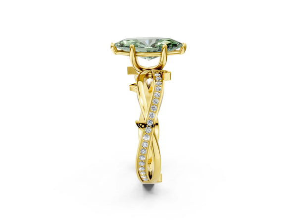 Yellow gold Fancy Green Marquise  Solitaire Twist Band with Pavé Accents and Four-Prong Setting