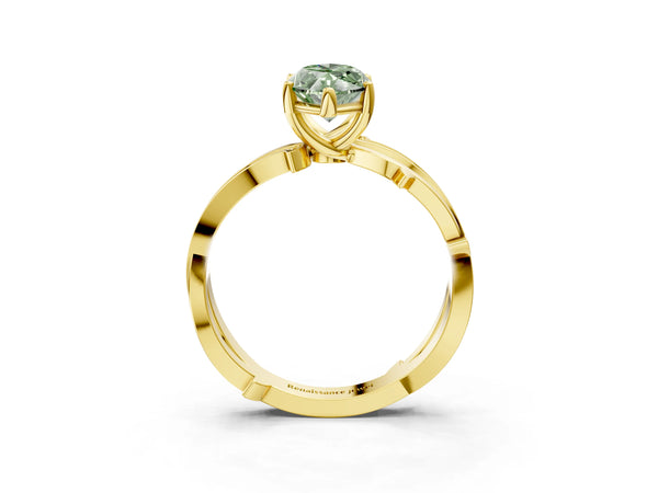 Yellow gold Fancy Green Marquise  Solitaire Twist Band with Pavé Accents and Four-Prong Setting
