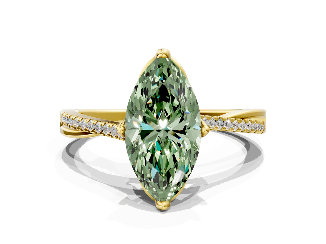 Yellow gold Fancy Green Marquise  Solitaire Twist Band with Pavé Diamonds and Four-Prong Setting_70