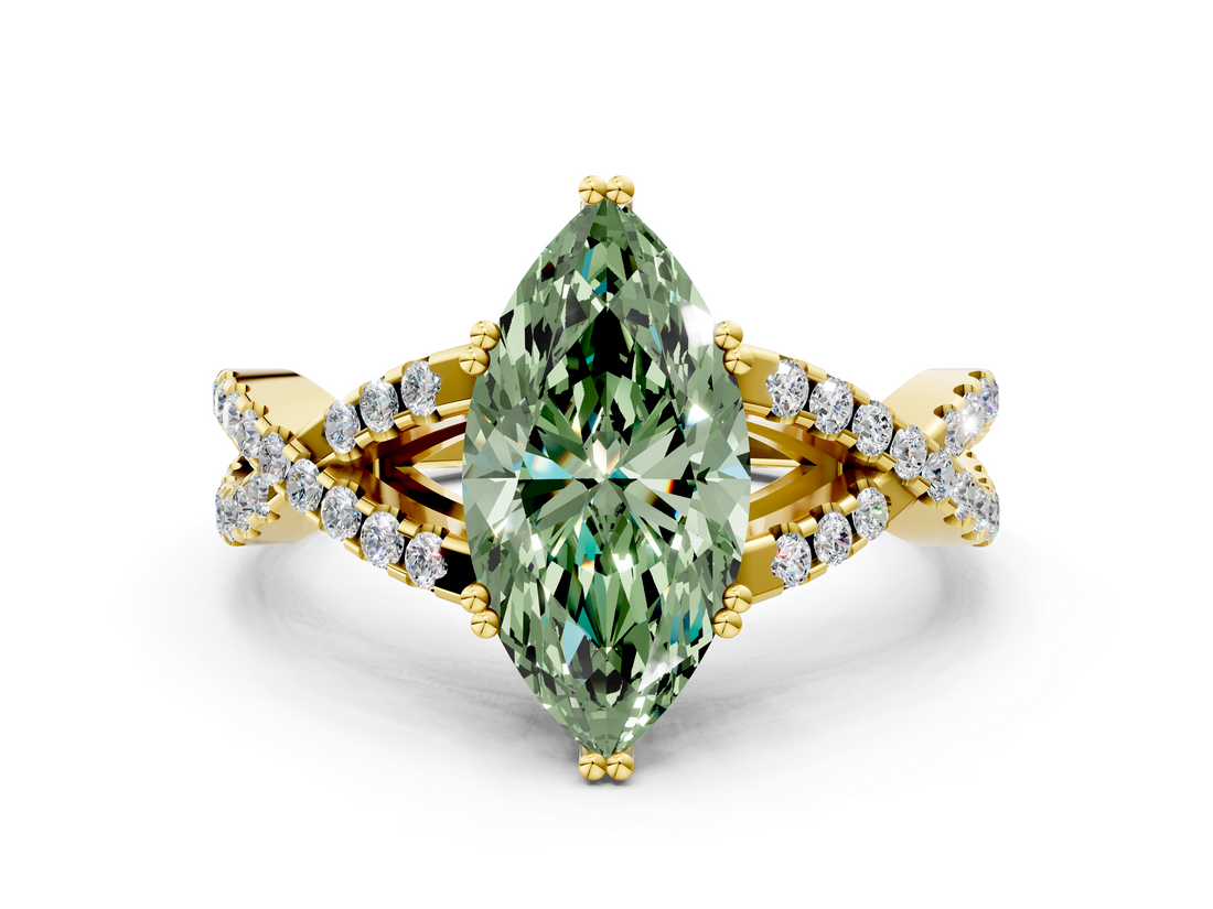 Yellow gold Fancy Green Marquise  Solitaire Twist Band with Pavé Setting and Four-Prong Setting_34