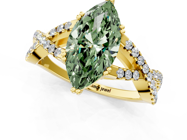 Yellow gold Fancy Green Marquise Cut Diamond Solitaire Ring with Four-Prong Setting and Twisted Pavé Band