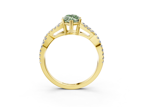 Yellow gold Fancy Green Marquise Cut Diamond Solitaire Ring with Four-Prong Setting and Twisted Pavé Band