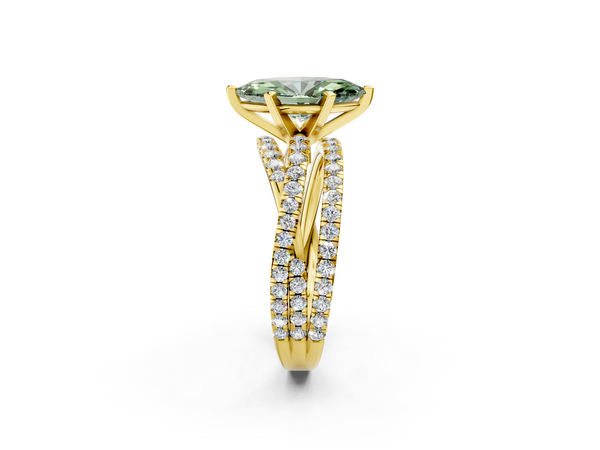 Yellow gold Fancy Green Marquise  Solitaire Twist Band with Pavé Setting and Four-Prong Setting