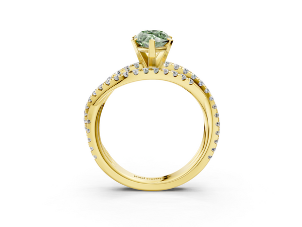 Yellow gold Fancy Green Marquise  Solitaire Twist Band with Pavé Setting and Four-Prong Setting