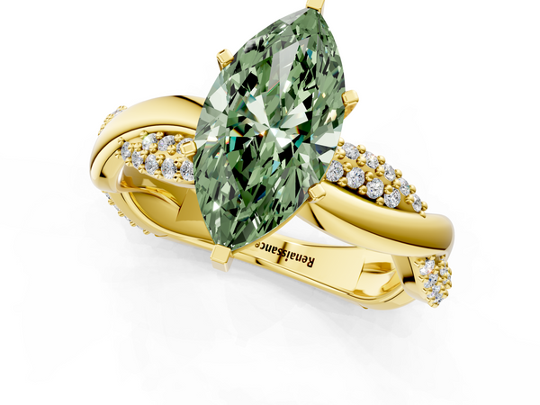Yellow gold Fancy Green Marquise  Solitaire Twist Band with Pave Prong Setting
