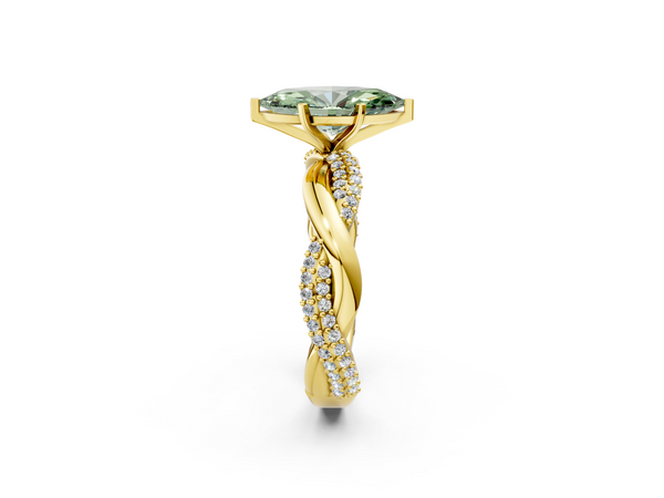 Yellow gold Fancy Green Marquise  Solitaire Twist Band with Pave Prong Setting