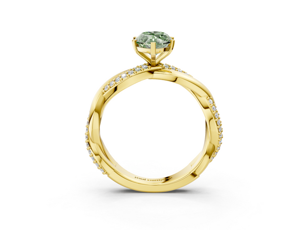Yellow gold Fancy Green Marquise  Solitaire Twist Band with Pave Prong Setting