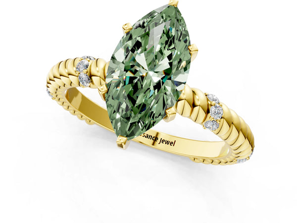 Yellow gold Fancy Green Marquise  Solitaire Twisted Band Prong Set Engagement Ring