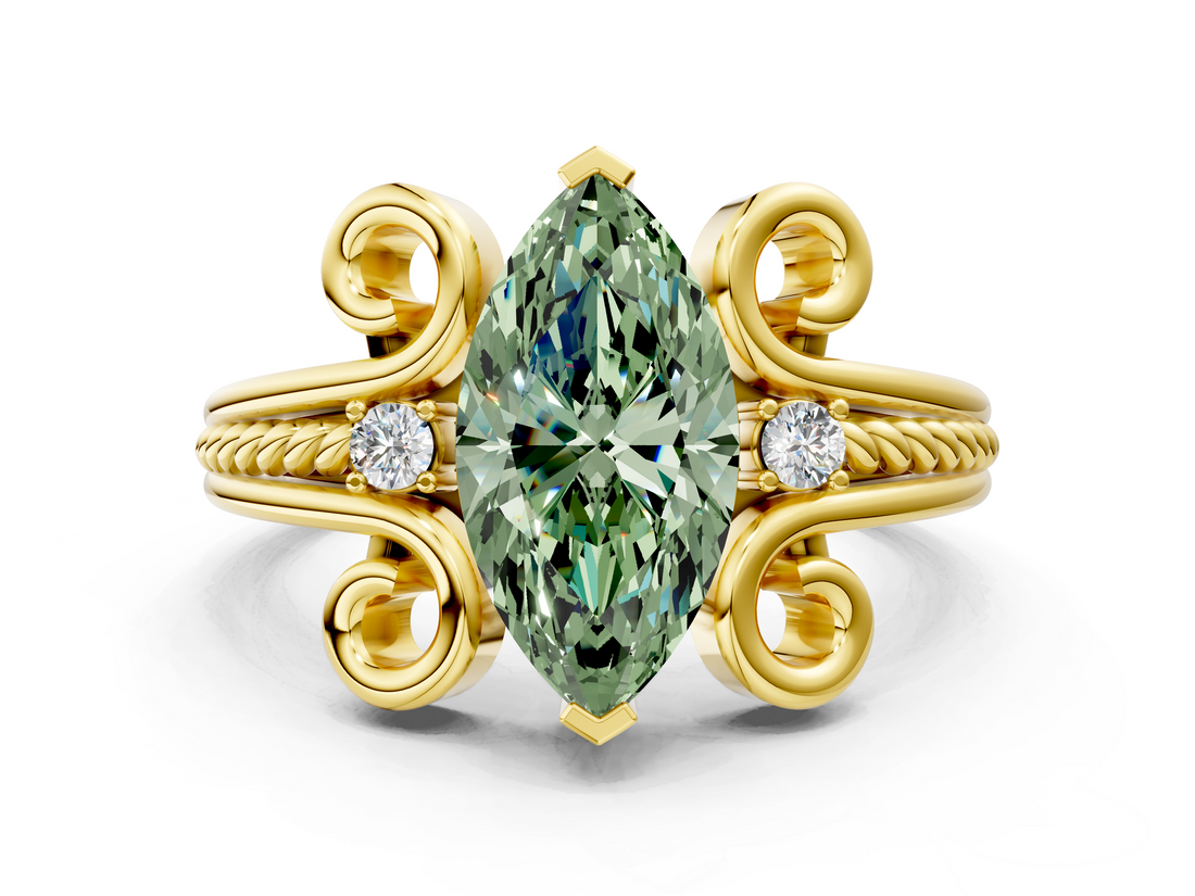 Yellow gold Fancy Green Marquise  Solitaire Twisted Band Scroll Prong Ring_31