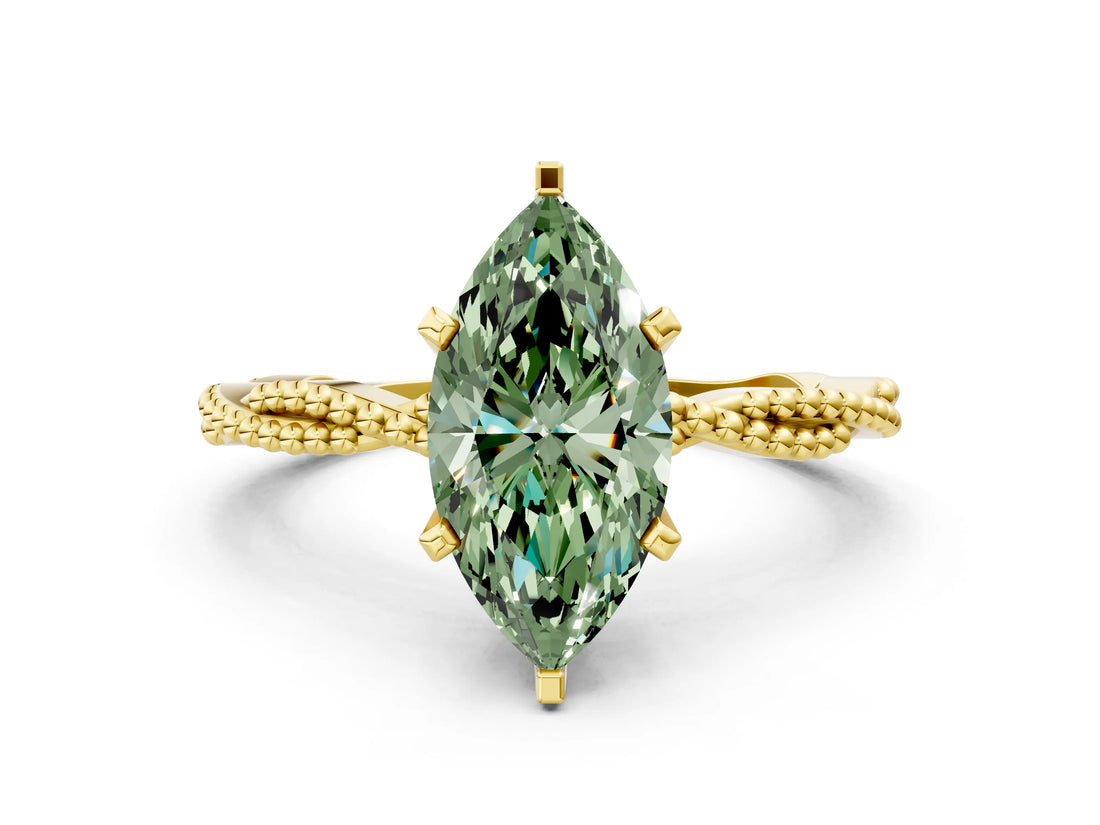 Yellow gold Fancy Green Marquise  Solitaire Twisted Band with Bead Prong Setting_292