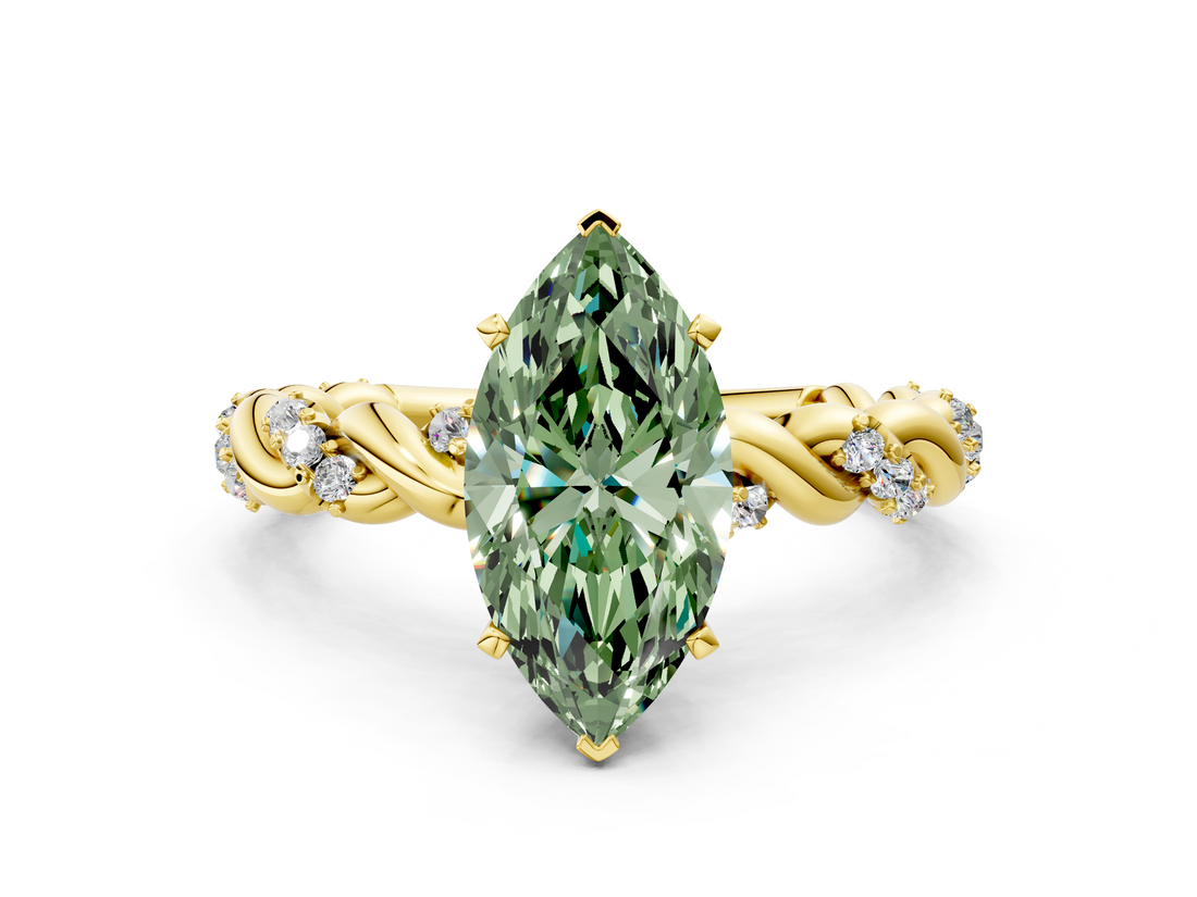 Yellow gold Fancy Green Marquise  Solitaire Twisted Band with Pavé Accents and Four-Prong Setting_19