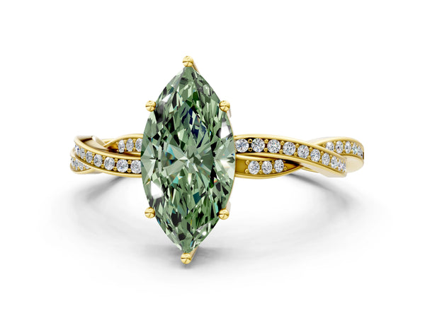 Yellow gold Fancy Green Marquise  Solitaire Twisted Pave Diamond Ring with Four-Prong Setting