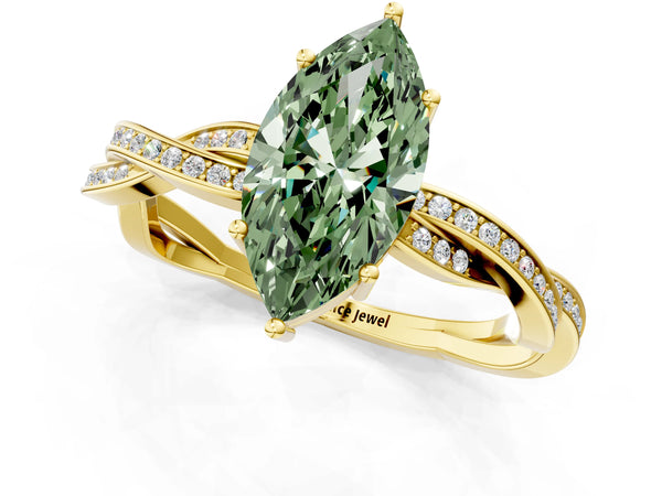 Yellow gold Fancy Green Marquise  Solitaire Twisted Pave Diamond Ring with Four-Prong Setting